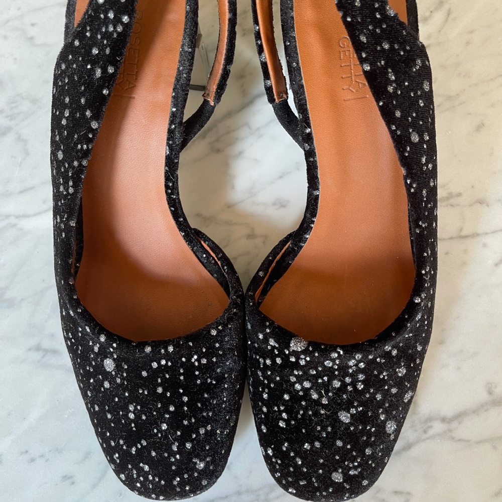 Rosetta Getty black velvet sling back shoe with silver sparkle